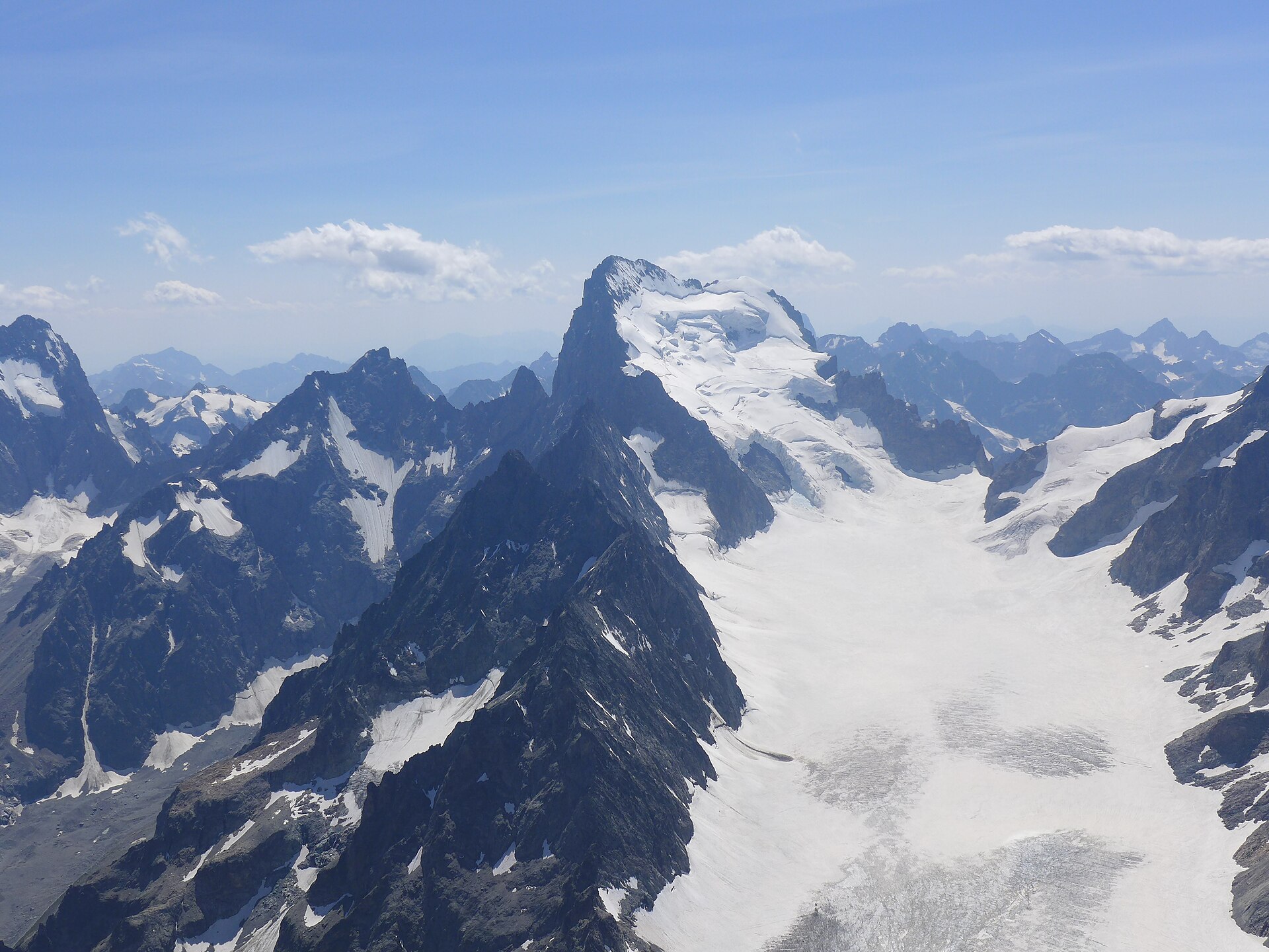 Glacier Blanc et Barre des Écrins, langue de glace et moraines